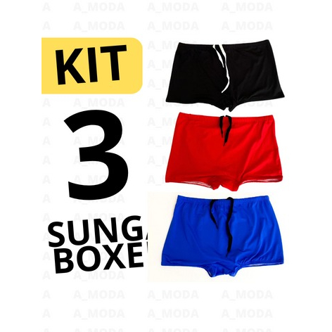 Sunga box, kit 3 sungas boxer moda praia, sunga masculina lisa cores sortidas, cueca praia, Sungas Lisa.