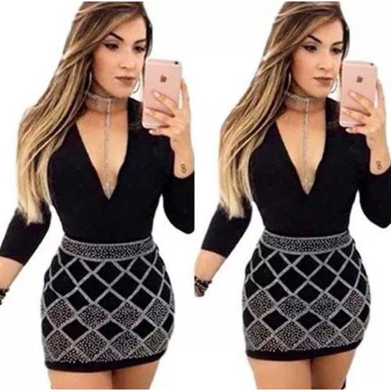 Conjunto Saia Pedraria E Body Strass Lançamento Balada | Shopee Brasil