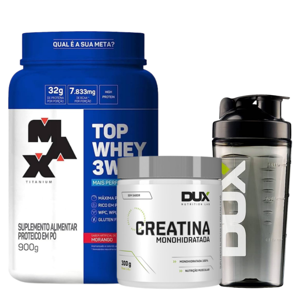 Kit Top Whey 3w Mais Performance 900g+Creatina Monohidratada 300g – Dux Nutrition+ Coqueteleira DUX