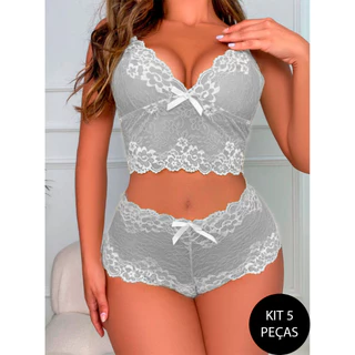 Kit 5 Espera Marido Lingerie Conjunto Caleçon Renda Cropped Sutiã Sem Bojo Short Calcinha