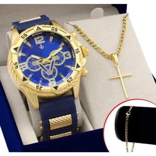 Relógio Masculino Kit Banhado a Ouro Original + Colar com Cruz + Pulseira