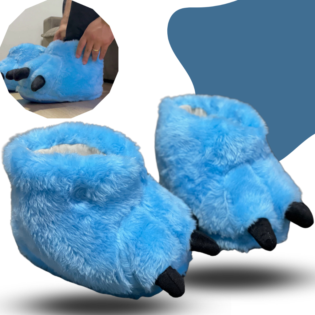 Pantufa 3D pata Garra de monstro Azul Cano Longo Quentinha Masculino e Feminino Infantil e Adulto