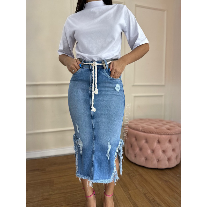 Longa Com Fenda Saia Midi Jeans C&a Saia Jeans Midi Destroyed