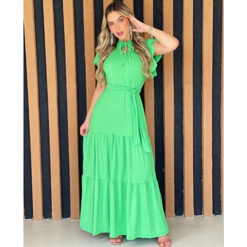 vestido longo suede gola alta manguinha de babado vestido
