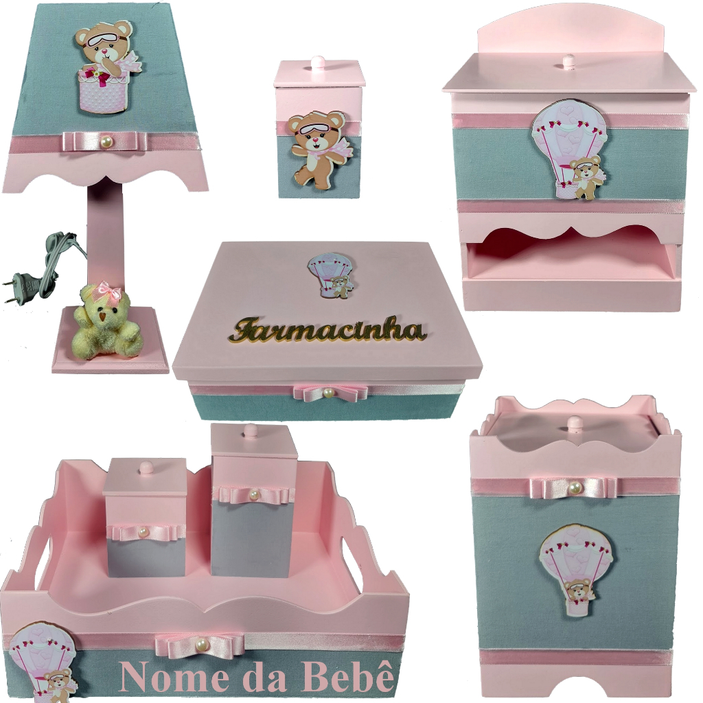 Kit de farmacinha para higiene bebe mdf + nome - URSINHA BALAO ROSA E ...