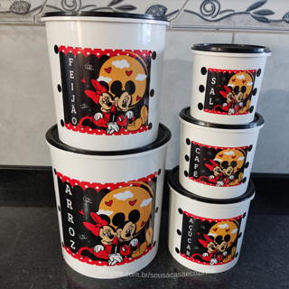 Jogo de mantimentos de plástico redondo branco Mickey e Minnie nomes adesivado (tampa preta)