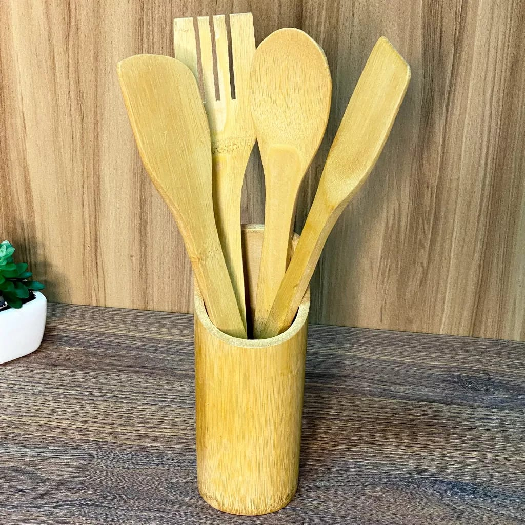 Kit 4 talheres de bambu com suporte para cozinha básicos | Shopee Brasil