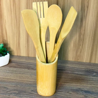 Kit 4 talheres de bambu com suporte para cozinha básicos | Shopee Brasil