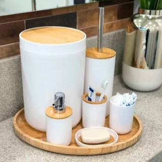 Kit Banheiro Lavabo Escova Lixeira Saboneteira 6 Peças Tampa Bambu
