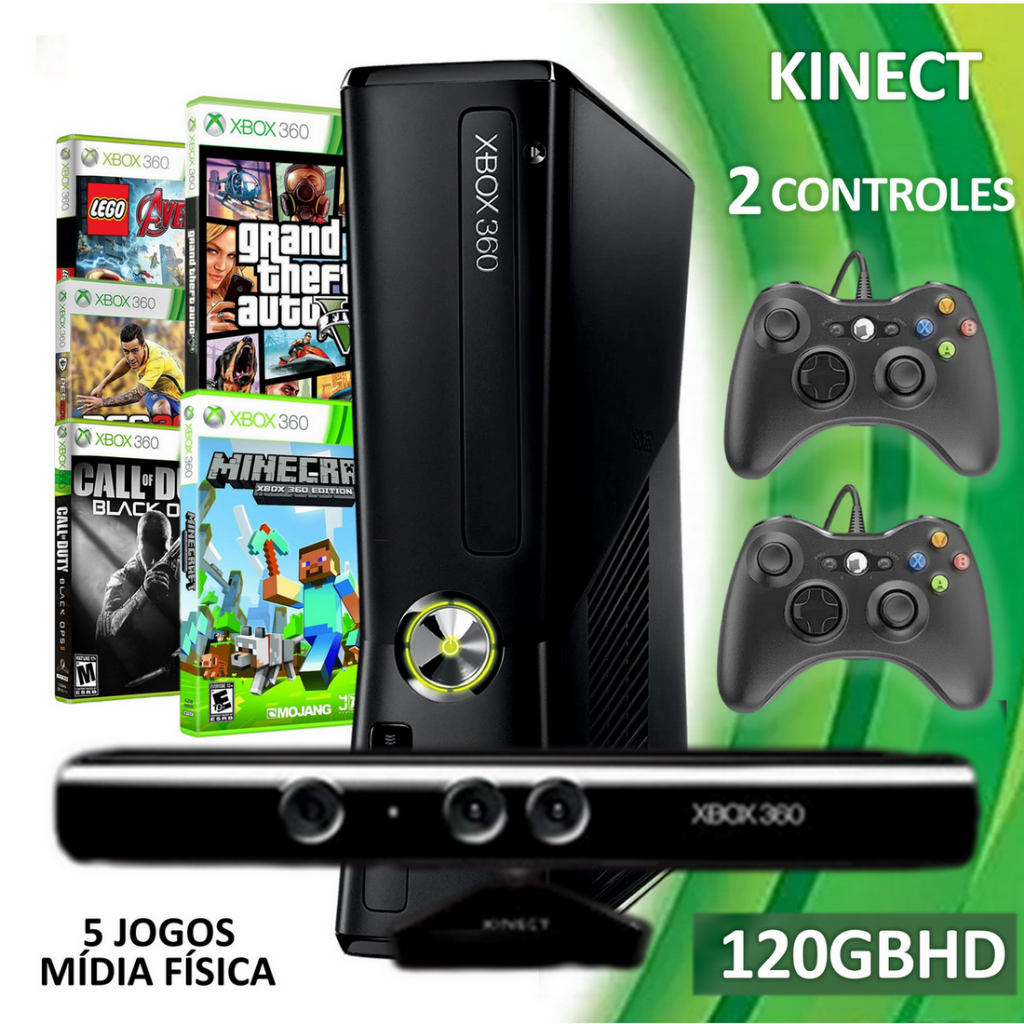 XBOX 360 SLIM DESTRAVADO COM 1 CONTROLE KINECT E 15 JOGOS : :  Games e Consoles