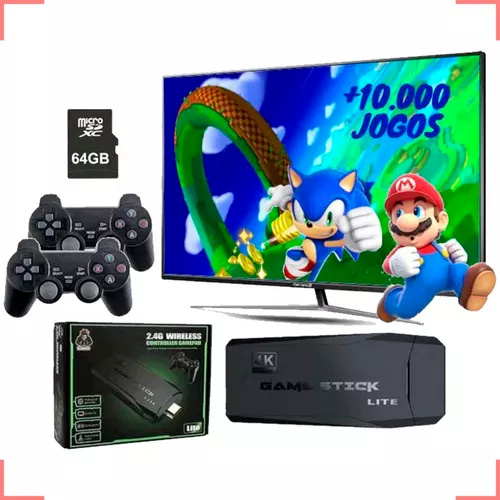 Console de vídeo Game 2.4G, 4K, com dois controles sem fio. Possui 10000  jogos 32 GB Retro Games for PS1/GBA – PEGA+