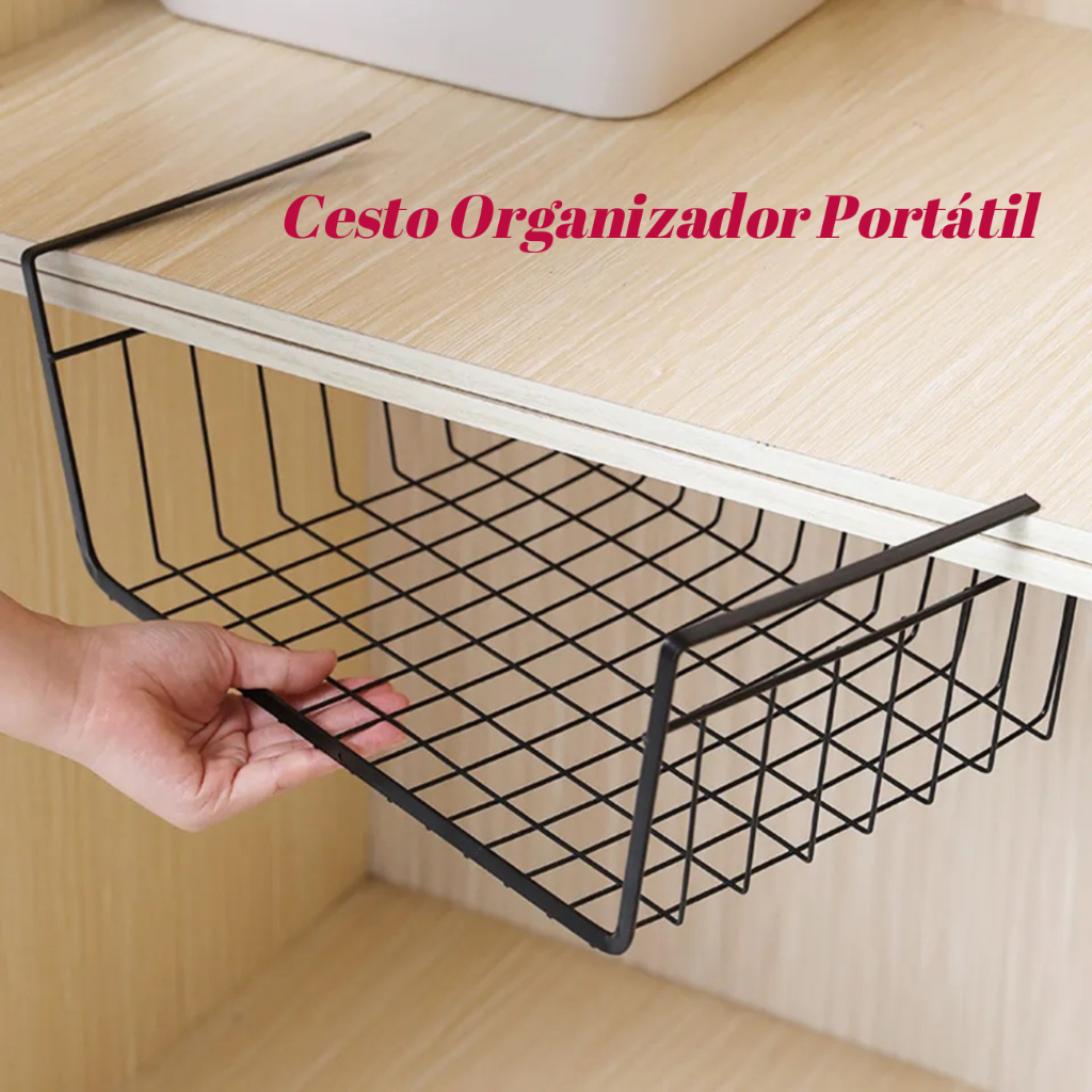 Cesto Organizador de Cozinha em Metal Preto Tipo Gaveta para Armário