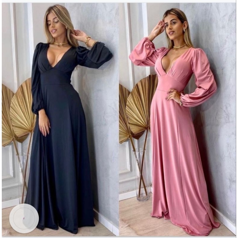 Vestido longo preto manga longa rodado | Shopee Brasil