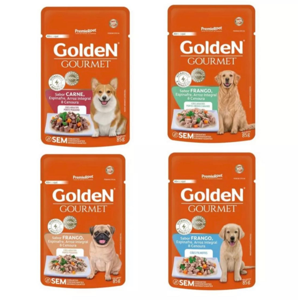 Sachê Golden Gourmet para Cães 85g cada sachê 100% Natural alimento úmido completo Caixa com 12 Unidades