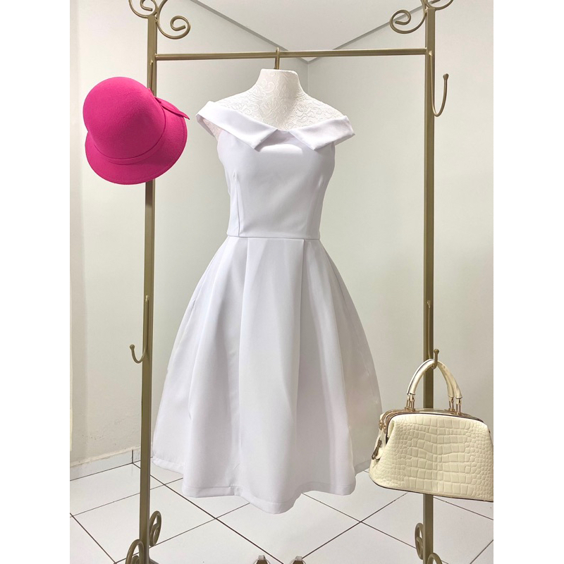 Vestido Midi Branco Para Casamento no Civil Modelo Rodado Com Pregas ...