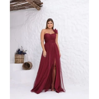 Vestido de Festa Daniele, tod em tule brilhoso com um pompom charmoso no ombro vestido tendência para madrinhas de casamento