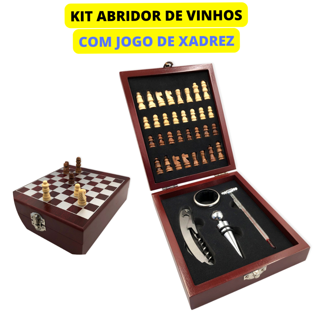 Kit Saca Rolha Abridor de Vinho Profissional e Acessórios Premium +  Tabuleiro e Peças Xadrez - Estojo Madeira Alto Brilho