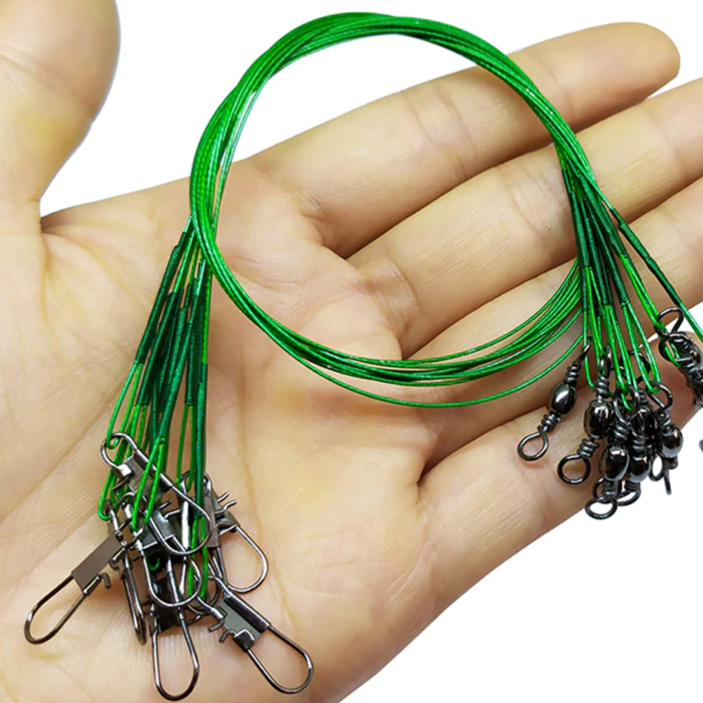 Kit com 20 Chicote de Pesca Cabo de Aço Com Snap Encastoador Girador Pescaria Rio Represa Praia