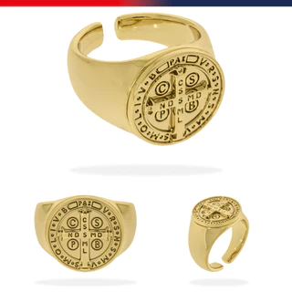 Anel Medalha De São Bento de Aço Inoxidável Regulável Unissex Masculino Feminino Grafite e Dourado Com Regulagem