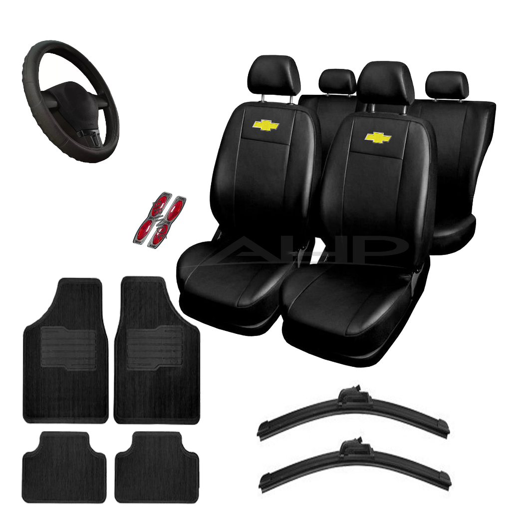 kit capa e assentos para banco de carro couro sintético chevrolet + tapete + volante + palhetas corsa celta prisma astra agile ônix montanha