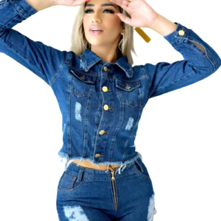 Jaqueta Jeans Feminina Azul Escura Rasgada Destroyed Cropped 5 Botões Dourado frontal