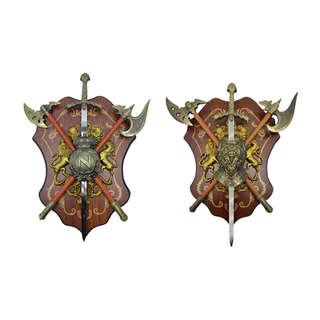 ESCUDO MEDIEVAL BRASÃO ESPADA E MACHADOS ORNAMENTO DE PAREDE GRANDE TEMPLARIO SOLDADO