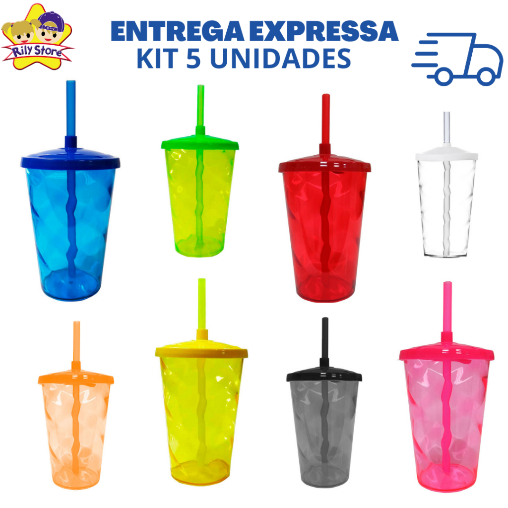 Kit 5 Unidades Copo Twister 500ML Com Canudo - Diversas Cores