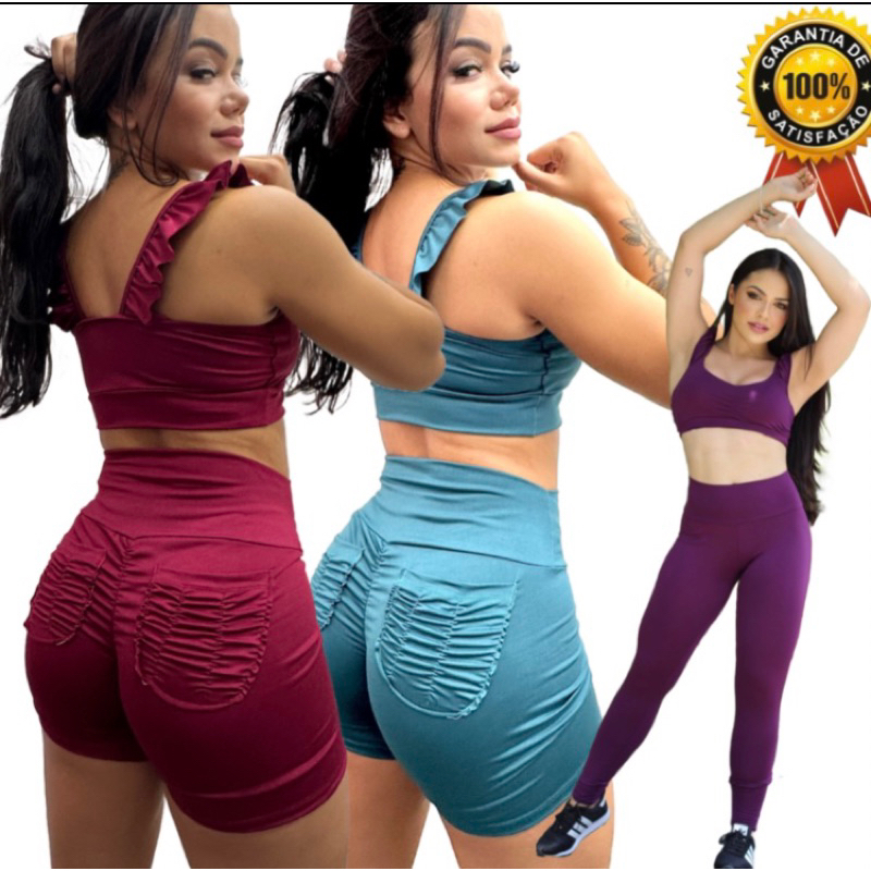 Conjuntos Academia Fitness Feminino Top + Shorts Levanta Bumbum – Mulher  Prática Shop