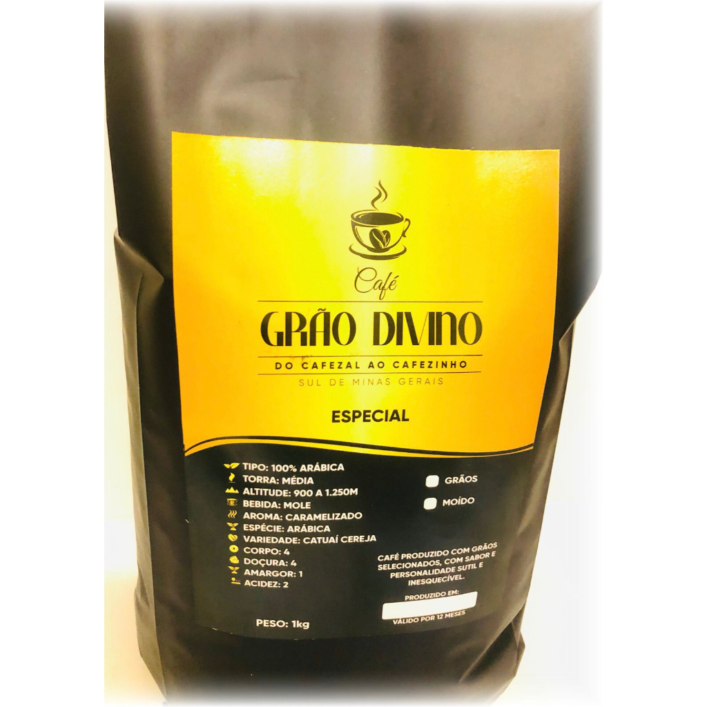 1kg De Café Grão Divino Torrado Moído Premium Especial Com Válvula Aromática Desgaseificadora.