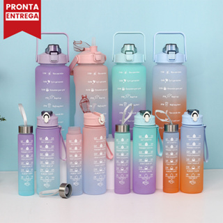 Kit 3 Garrafas de Água Squeeze de Plástico Motivacional Degradê Com Adesivos 300ML+900ML+2000ML