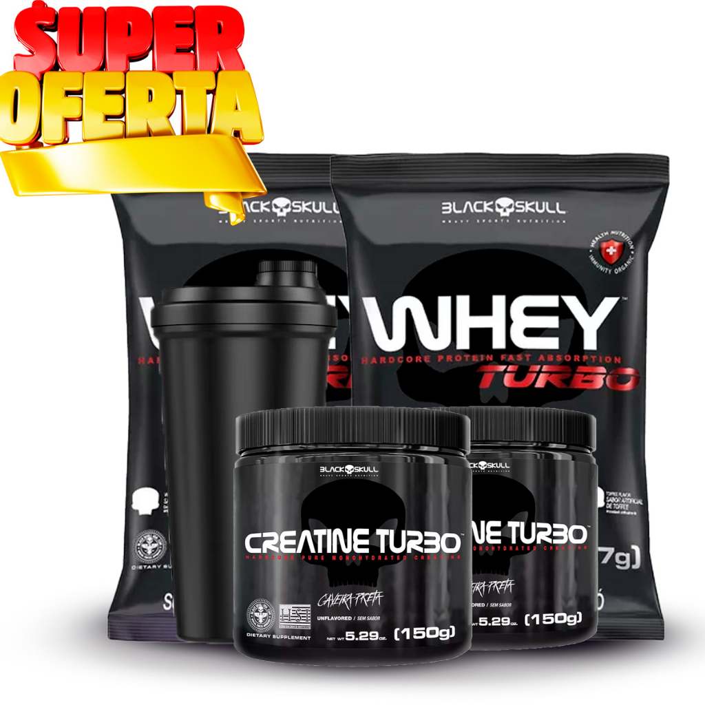 Kit Fitness Black Skull – 2 Whey Protein turbo 907g + 2Creatina Monohidratada Turbo 150g + Coqueteleira 600ml