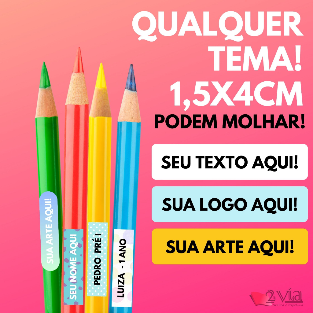 100 Adesivos Personalizados Para Lápis e Canetas 2x5cm, em Vinil, com ...