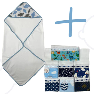 Toalha de Banho Para Bebê Capuz Felpuda Antialérgica com 5 Fraldinhas Paninhos Para Boca Enxoval Menino Céu Nuvem Azul