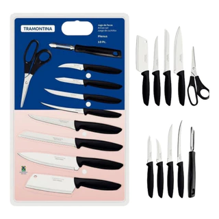 Jogo de Facas Tramontina 10 Peças Faqueiro Plenus Lâminas Aço Inox Premium Cozinha