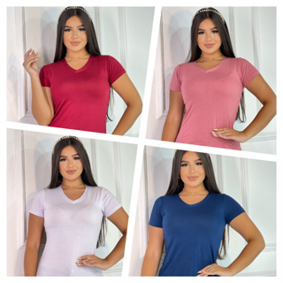 Kit 4 Blusas Femininas Gola V Manga Curta.
