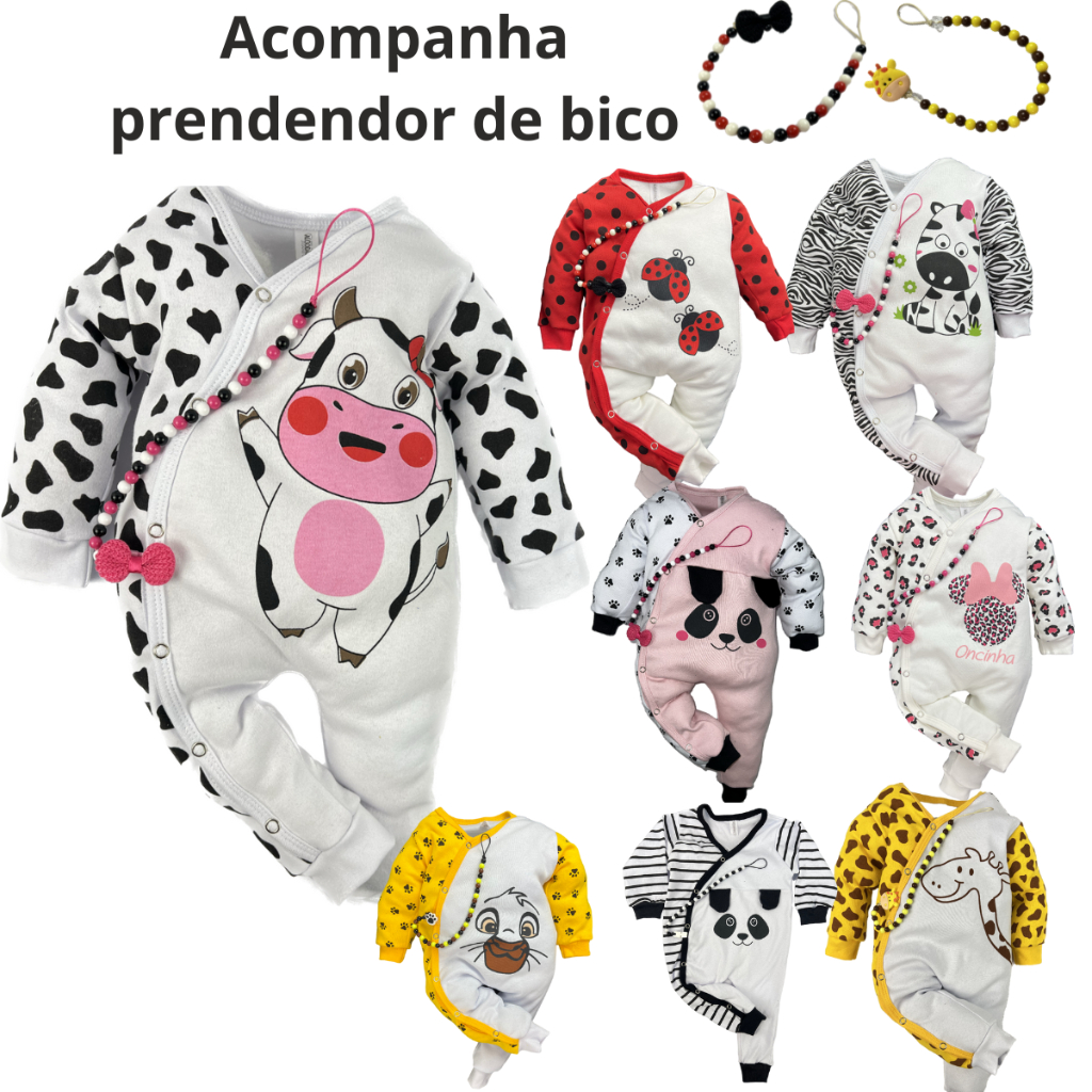 Macacao bebê com prendendor de chupeta 100% algodão bichinhos