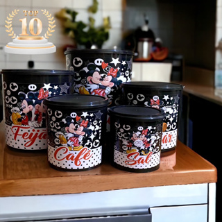 Jogo mantimento 5 peças / kit armazenar alimentos / MICKEY E MINNIE FUNDO PRETO E BRANCO CASAL