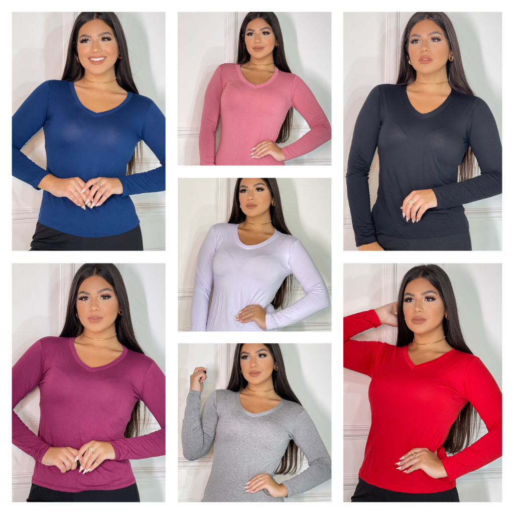 Kit Blusas de frio Feminina Gola V Manga Longa Segunda Pele, inverno