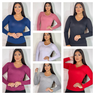 Kit 3 Blusas de frio Feminina Gola V Manga Longa Segunda Pele, inverno