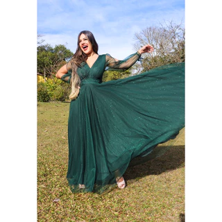 Vestido de festa moda evangelica cristã com manga longa com brilho Laço Verde Escuro