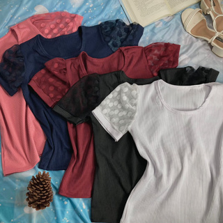Kit 3 Blusa Canelada Manga Curta Bufante Blusinha Feminina Gola Baixa.
