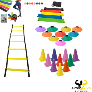 Kit Funcional Treino Agilidade + 10 Cones 10 Chapeus Chines + Escada 7 Degraus + 01 Kit 5 Faixas Mini Bands