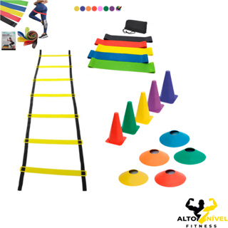 Kit Funcional Treino Agilidade + 05 Cones + 05 Chapéu Chinês + Escada 7 Degraus + 01 Kit 5 Faixas Mini Bands
