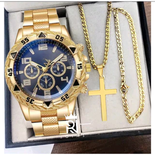 Relógio Masculino Dourado Aço inox kit Com Corrente Pingente e Pulseira Banhado