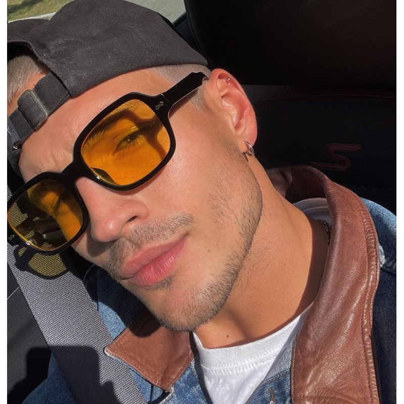 óculos de sol retro retangular lentes amarelas preto quadrado aviador