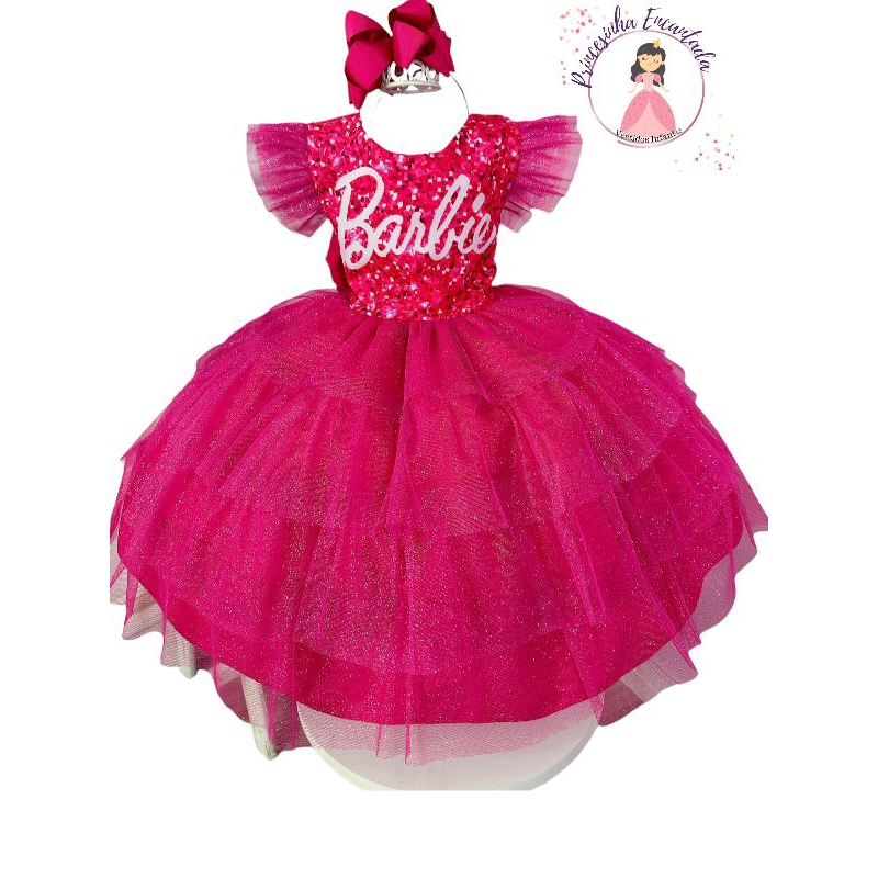 Vestido Infantil Barbie Saia Rosa de Tule Com Glitter