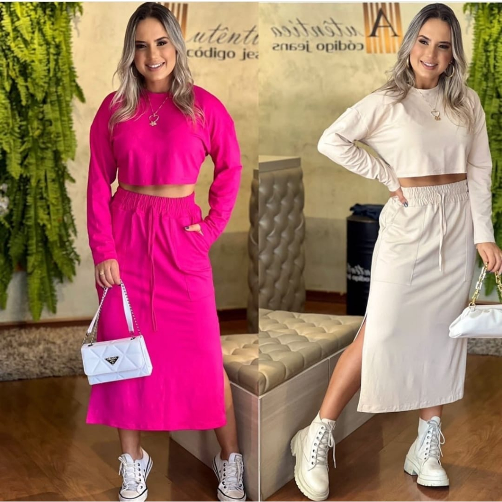 Conjunto Saia Midi com cropped manga longa super tendencia e conforto ...