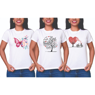 KIT 3 CAMISETAS BLUSA FEMININA T-SHIRT BRANCA COM ESTAMPADA