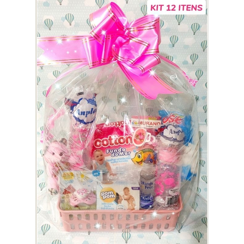 kit bebê cesta presente chá de bebe mamadeira 240 ml + lenço + ursinho ...
