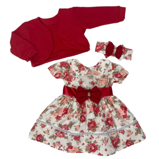 Vestido Natal Com Bolero Presente Fim De Ano Rn A 2 anos 100% Algodão 3 Peças Recém Nascido Manga Longa Comprida Kit Luxo Rodado Princesa Menina Frio Batizado Infantil Floral